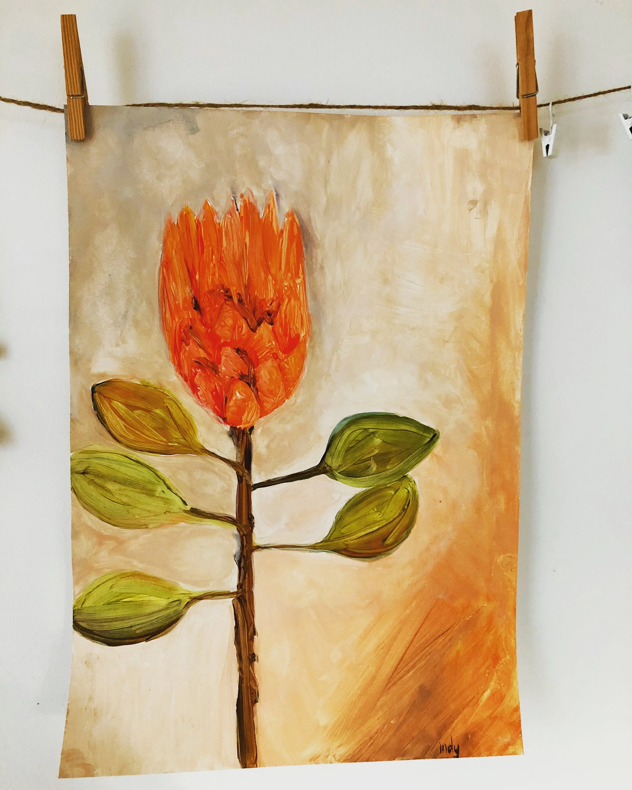 Painted flower with orange petals, green leaves, and a brown stem on a beige and orange background.