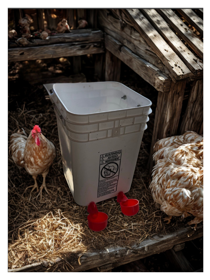 A chicken feeder in a chicken coop with chickens nearby, made from a repurposed trash bin with red feeding cups at the bottom.