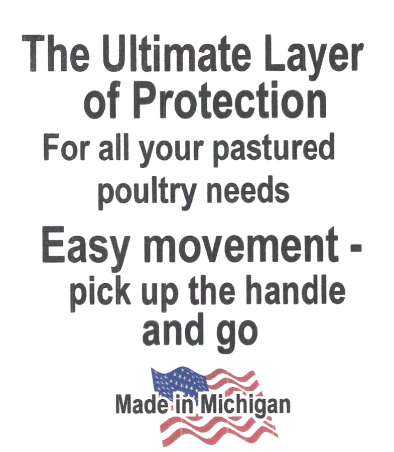 Text advertisement for poultry protection gloves, highlighting their easy movement and American origin, with an American flag graphic.