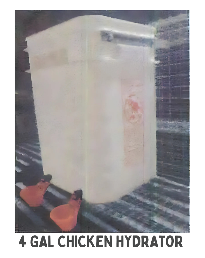 A large white plastic container labeled '4 GAL CHICKEN HYDRATOR' on a surface with a spray flame pattern, with two orange and black chicken drinking cups in front.