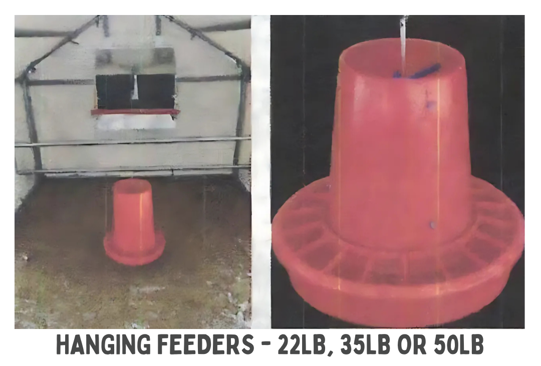 Image showing a metal wire frame structure used as a hanging poultry or bird feeder with a plastic feeder cup, designed for 22lb, 35lb, or 50lb weight capacity.