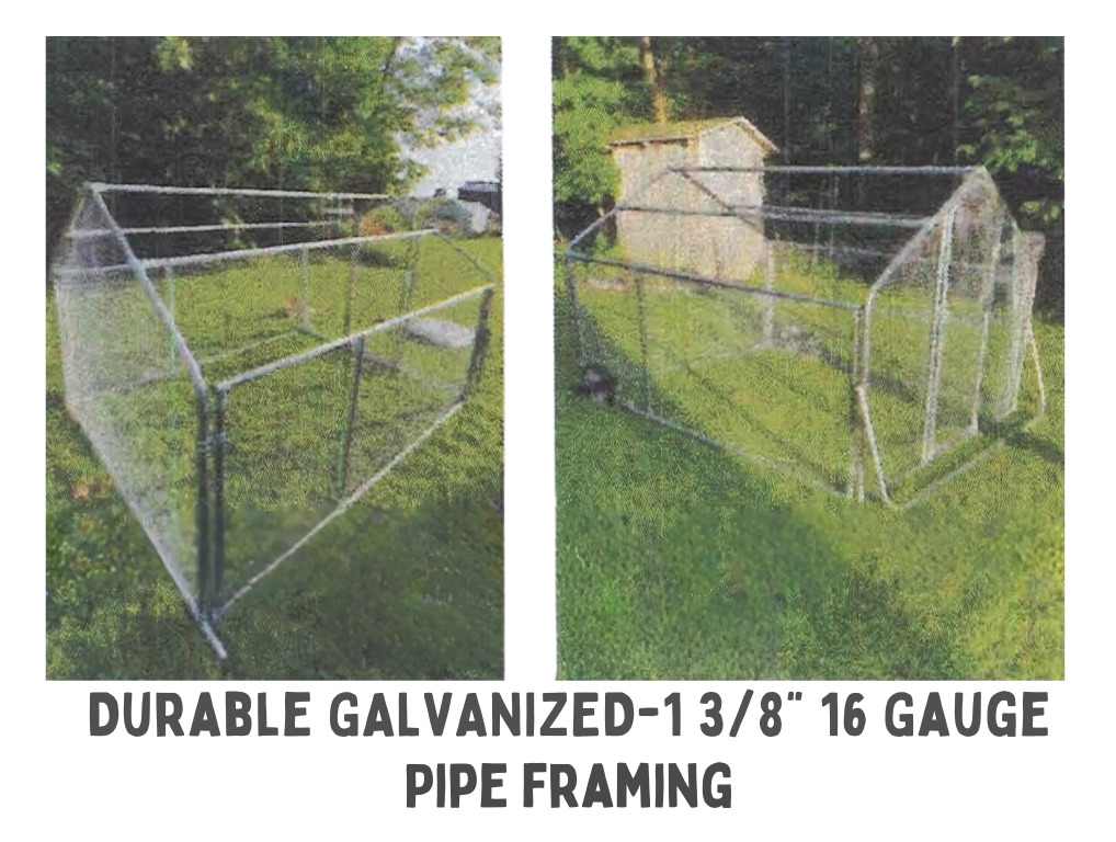 Two metal-frame garden structures with galvanized 16 gauge pipe framing, set outdoors on grassy ground with trees in the background.