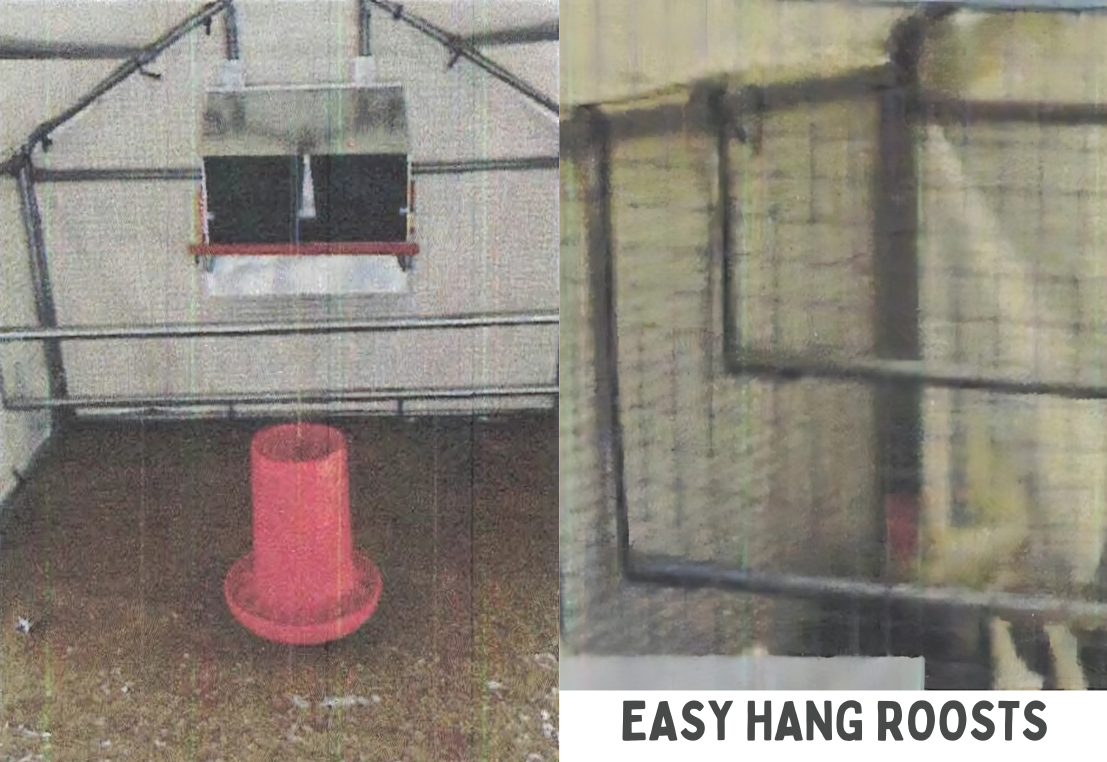 Left side shows a small red birdhouse with a circular base and cylindrical body, mounted on a black wire grid. Right side shows a black wire roosting frame with the text "EASY HANG ROOSTS" beneath it, mounted against a yellowish brick wall.
