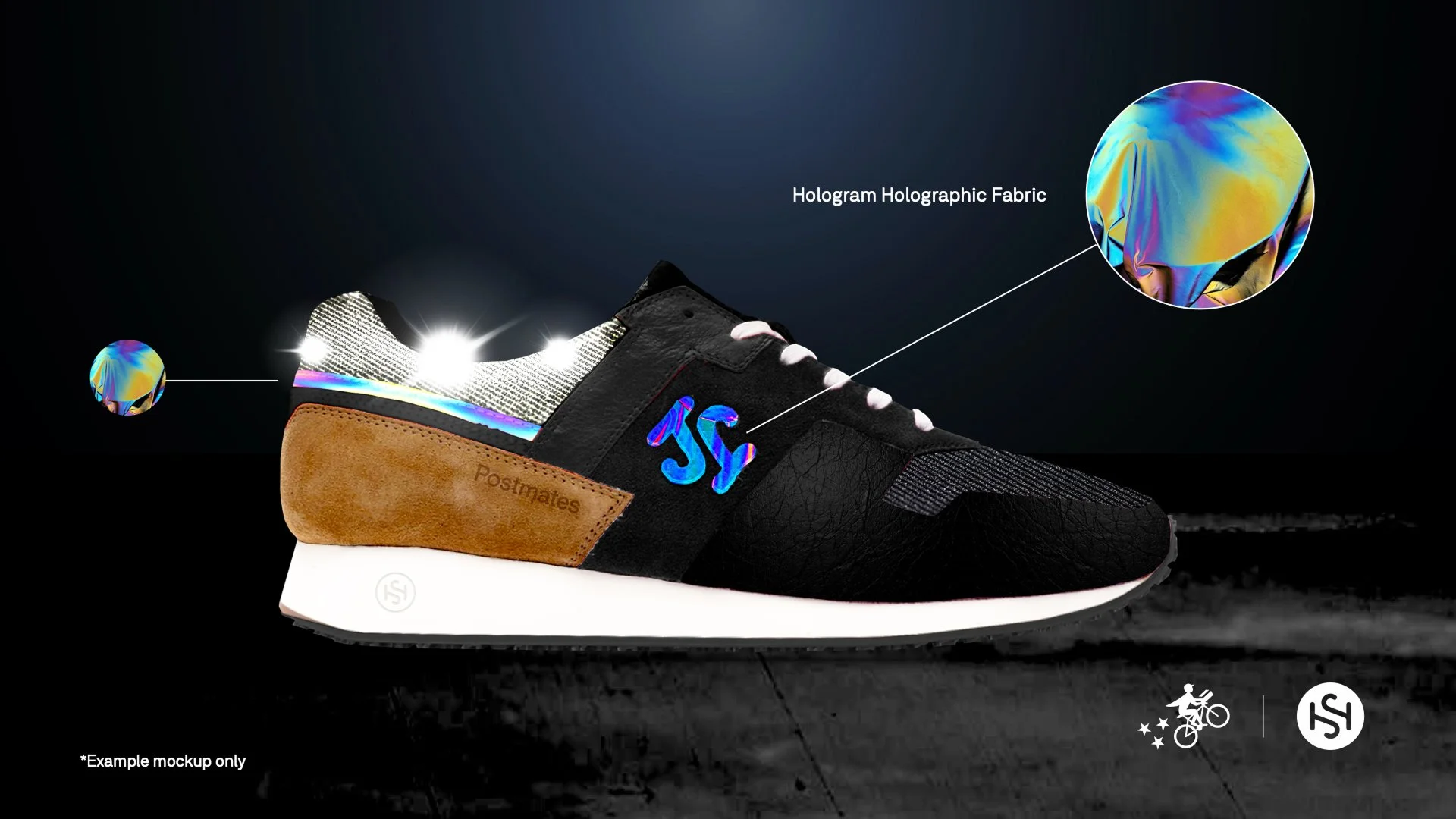 A black sneaker with brown suede accents, hologram holographic fabric, and a white midsole, featuring a multicolored J. S logo and labeled 'Postmates'.