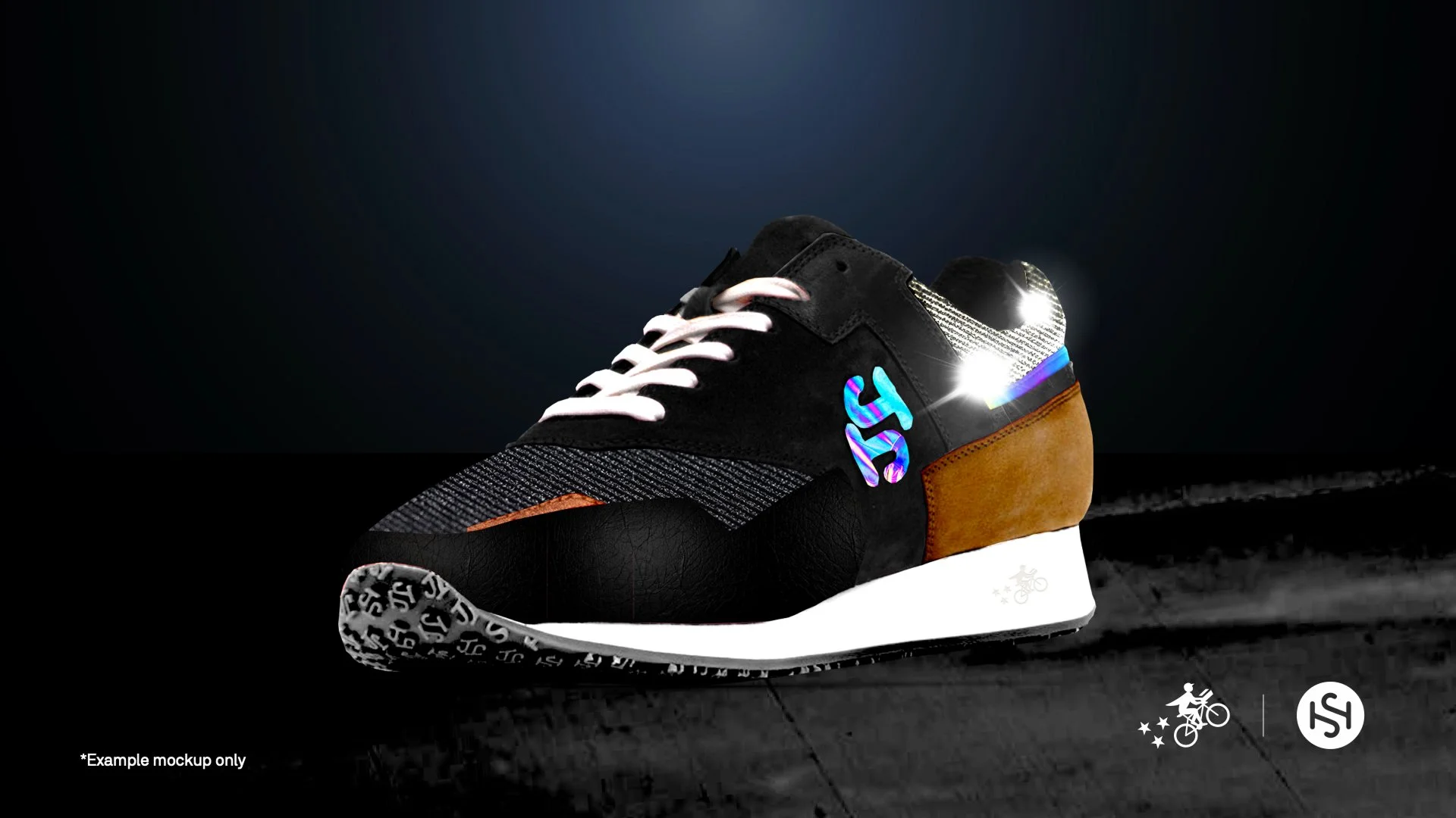A black sneaker with white laces, a multicolored reflective logo, black textured and brown leather panels, a white midsole, and a black outsole, placed on a dark surface against a dark background with a faint light source.