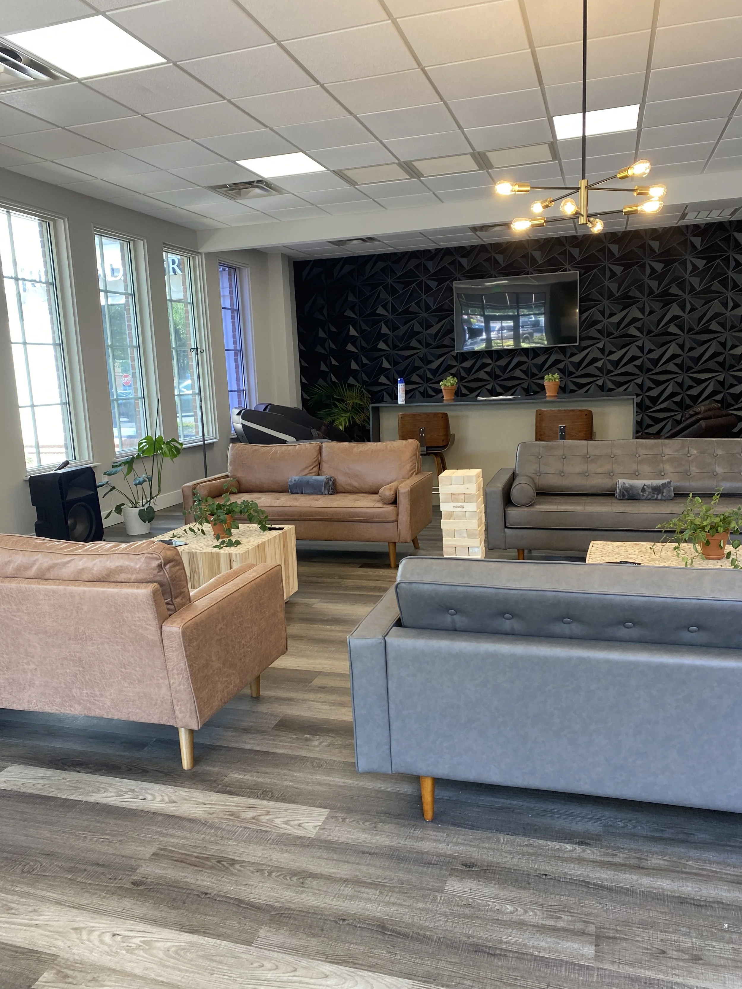 Modern lounge area with sofas, a television, and plants