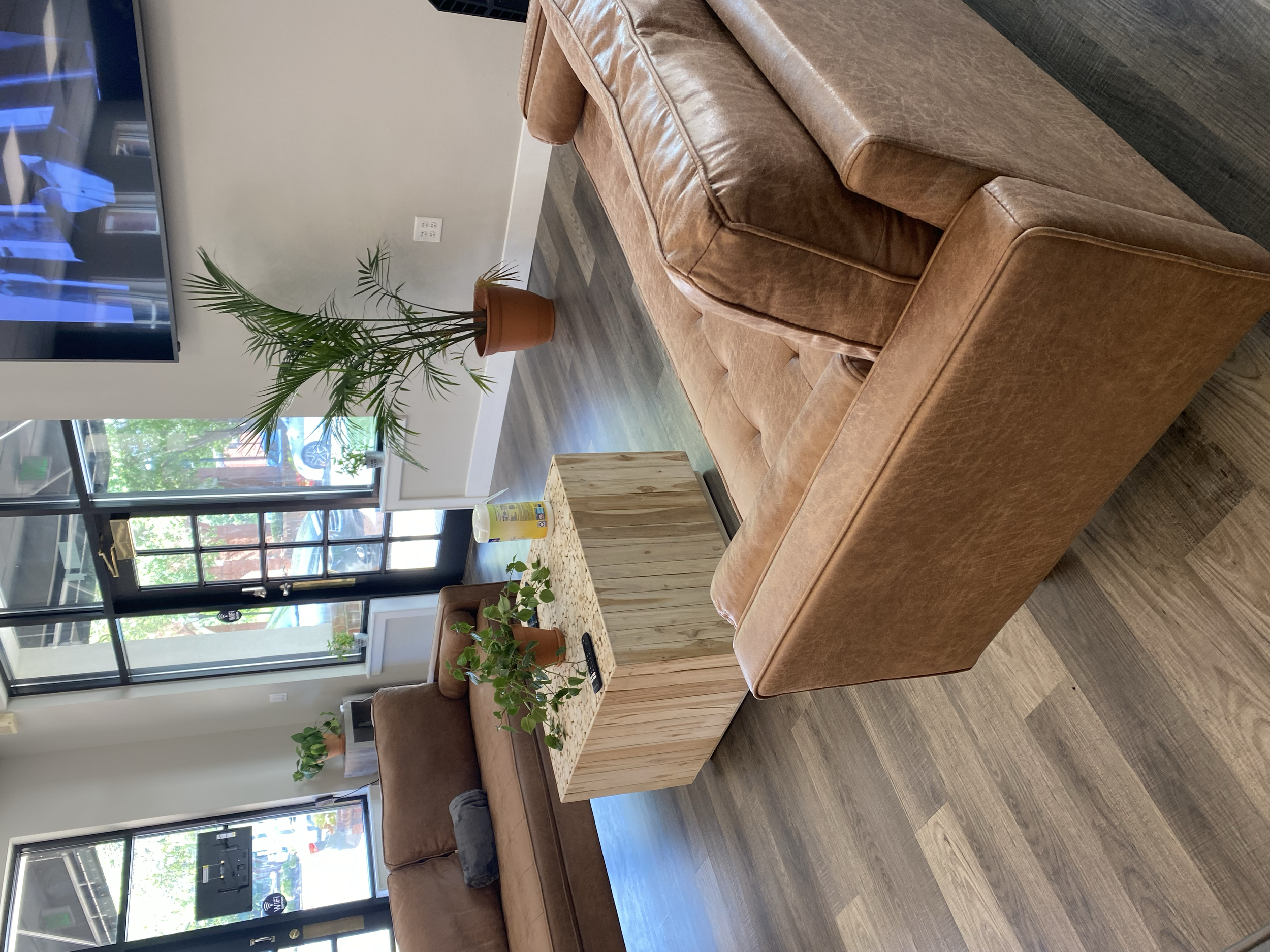 Modern living room with brown leather sofa, wooden coffee table, potted plants, TV on wall, and large windows.
