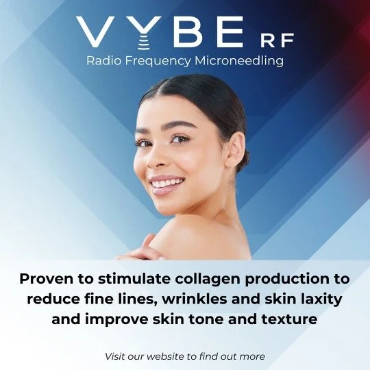 Advertisement for Vybe RF Radio Frequency Microneedling featuring a smiling woman with text promoting collagen production benefits for skin tone and texture improvement.
