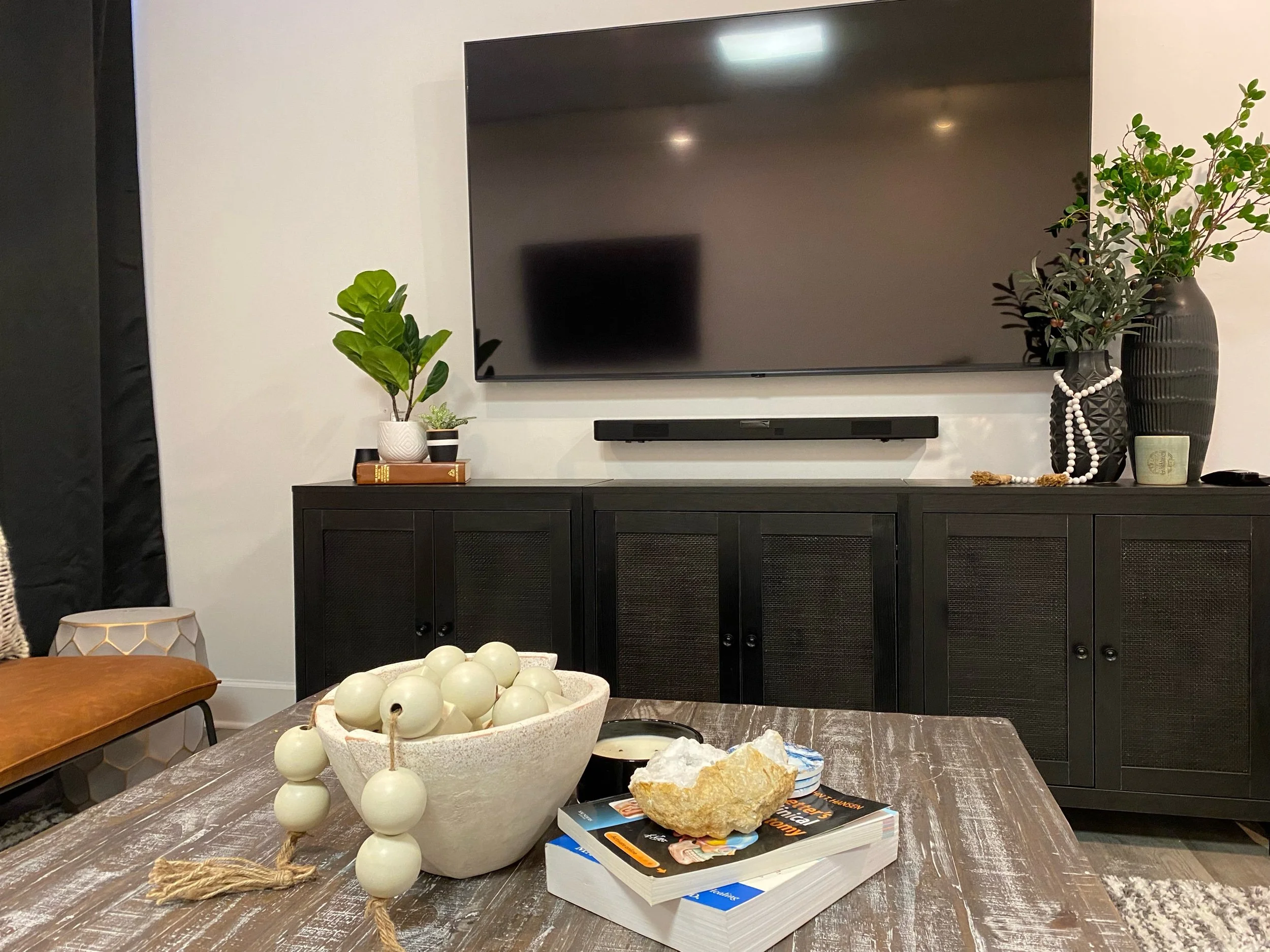 Living room with a mounted flat-screen TV above a dark cabinet, decorated with plants in white and black pots. A wooden coffee table in the foreground holds a bowl with white beads, books, and a decorative item. Modern, cozy atmosphere.