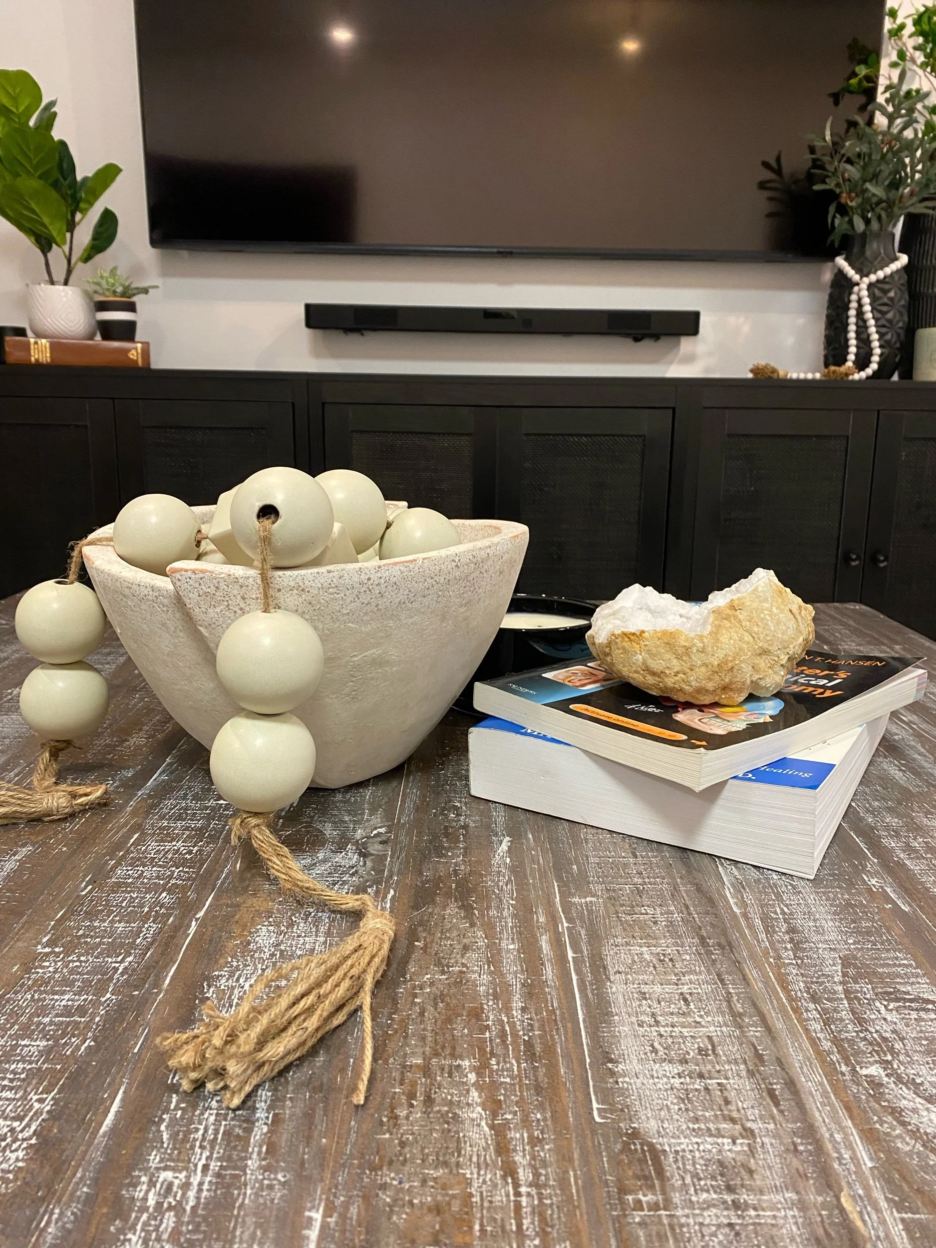 Living room decor with a ceramic bowl and beads, a stack of books with a geode on top, houseplants, and a TV on a console.