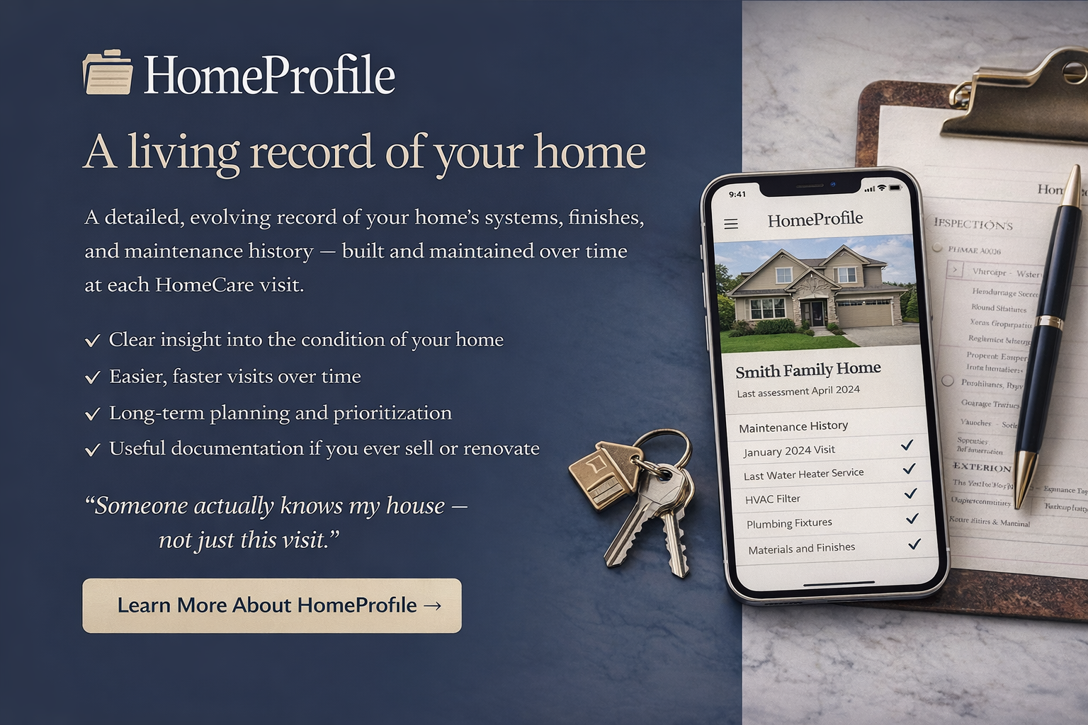 HomeProfile digital home maintenance record used by a professional handyman service to track repairs, service history, and ongoing home care.