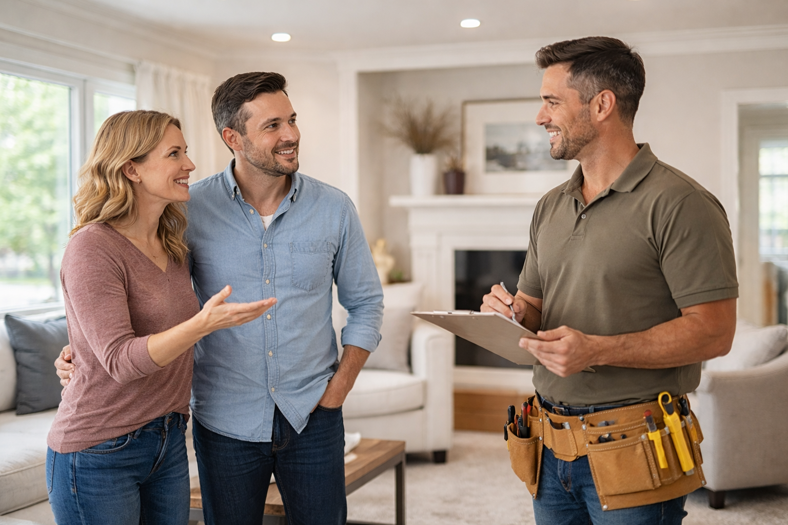 A woman and man smiling and talking to a repair person with a clipboard inside a living room.