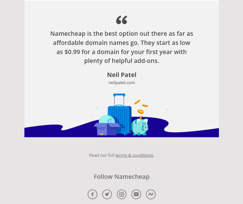 Testimonial quote from Neil Patel about Namecheap domain services, with an illustration of a suitcase, a piggy bank, and coins, on a cloud-like background.