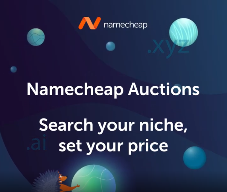 A digital graphic for Namecheap Auctions with the Namecheap logo at the top, surrounded by abstract globes and shapes, and text that says "Search your niche, set your price."