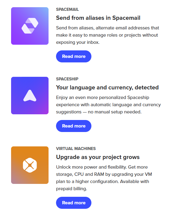 A webpage offering features of a cloud service platform, including sending aliases in Spacemail, personalized language and currency settings in Spaceship, and upgrading virtual machines, with blue buttons labeled 'Read more' for each feature.