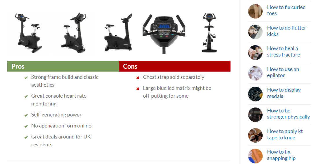 A comparison chart of exercise bikes with pros and cons listed, featuring five different models with a black control panel in the center.
