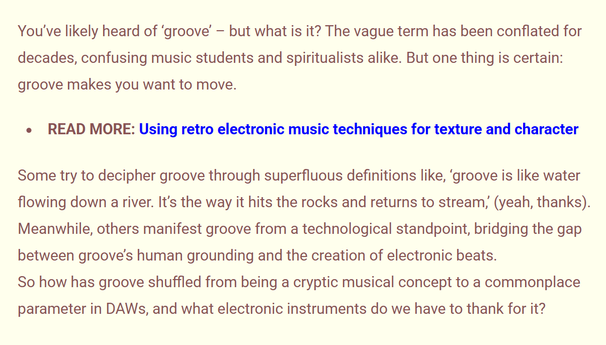 Screenshot of text discussing the musical concept of 'groove' and its evolution from a spiritual or artistic idea to a technical parameter in electronic music.