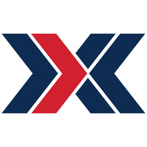 Logo with stylized overlapping arrows in navy blue and red, forming a geometric pattern.