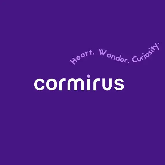 Purple background with white text reading 'cormirus' and a curved phrase 'Heart. Wonder. Curiosity.' in lighter purple.