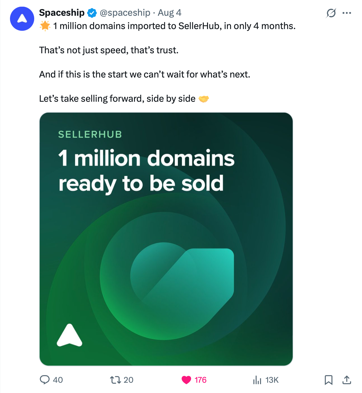 A promotional graphic with a dark green background, featuring a circular icon and text that reads 'SELLERHUB 1 million domains ready to be sold.' The graphic suggests a milestone achievement for the platform.