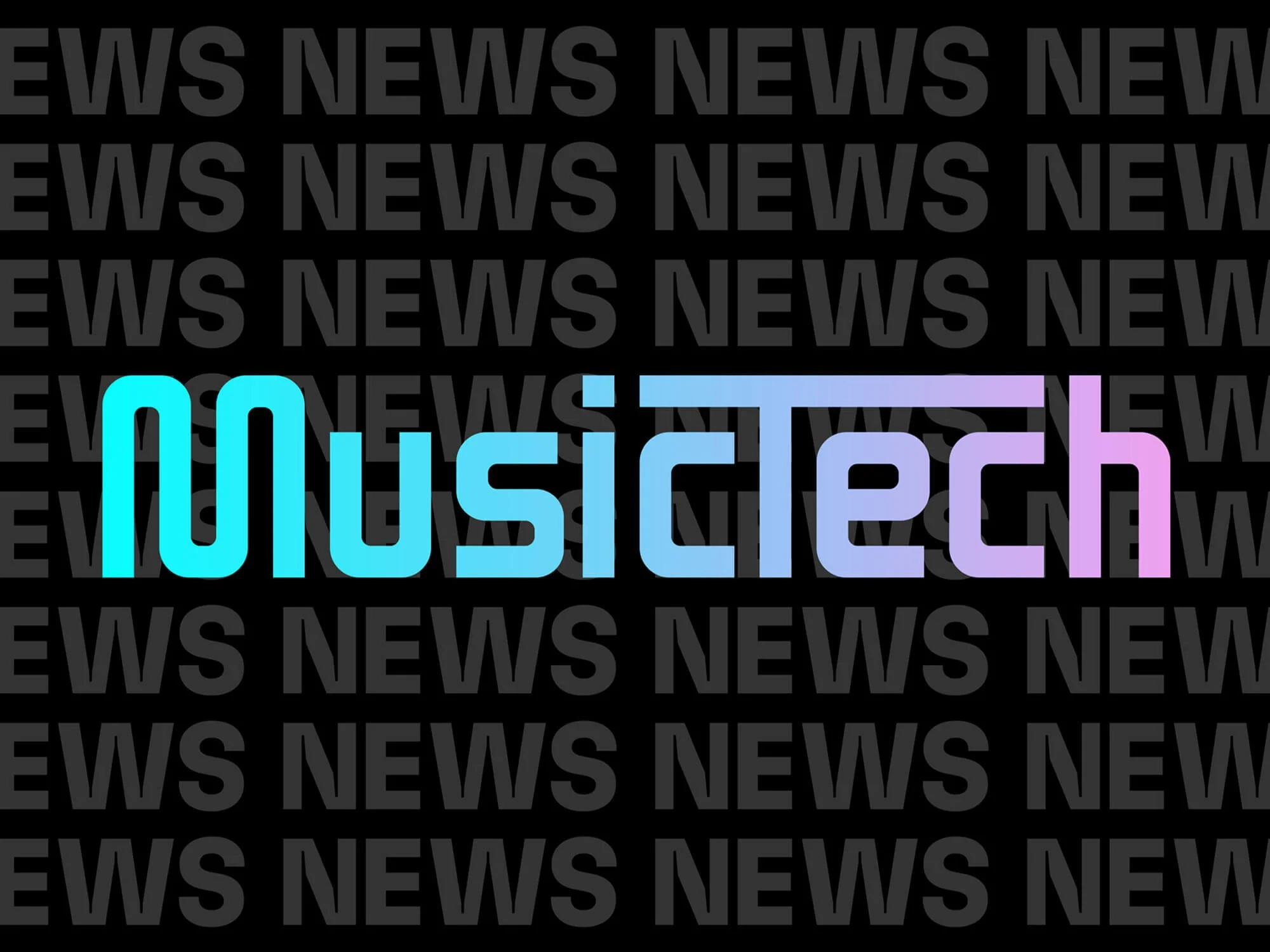 Colorful text reading 'Music Tech' against a black background with repeated 'News' in gray.