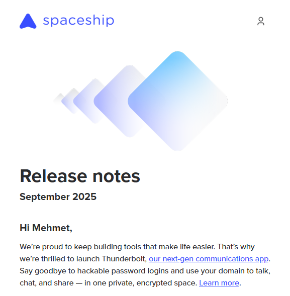 Screenshot of a letter titled 'Release notes' from the company 'spaceship,' dated September 2025, mentioning the launch of an app called 'Thunderbolt,' and signed by 'Hi Mehmet.'
