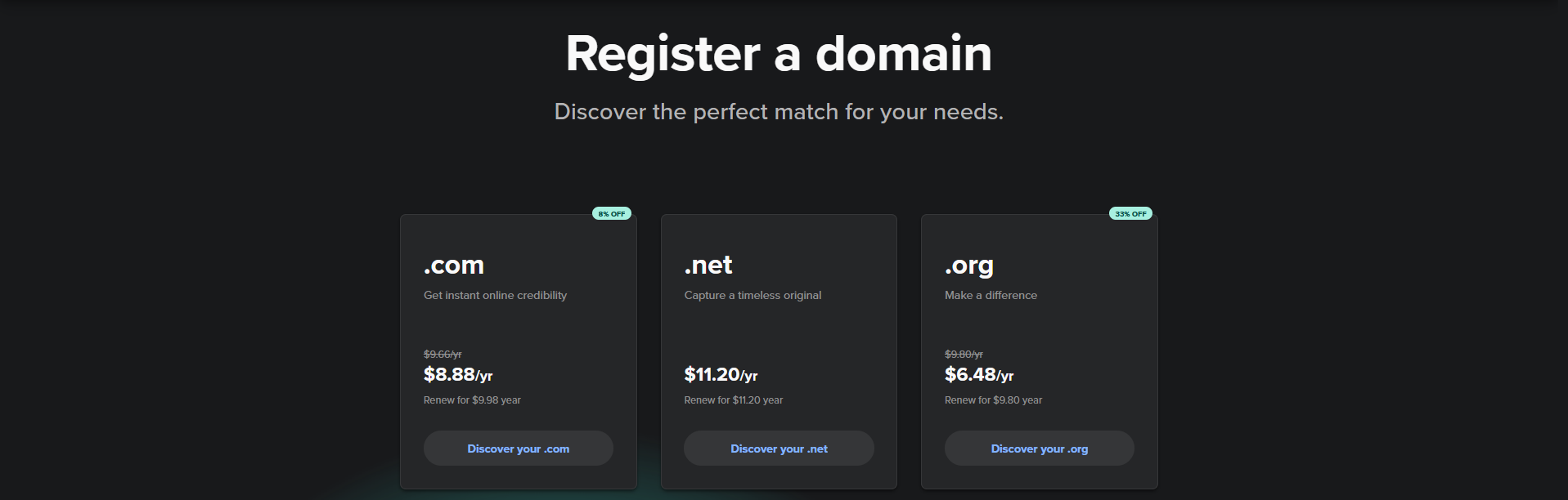 A website page with a dark background promoting domain registration options for .com, .net, and .org domains. It displays prices, discounts, and
