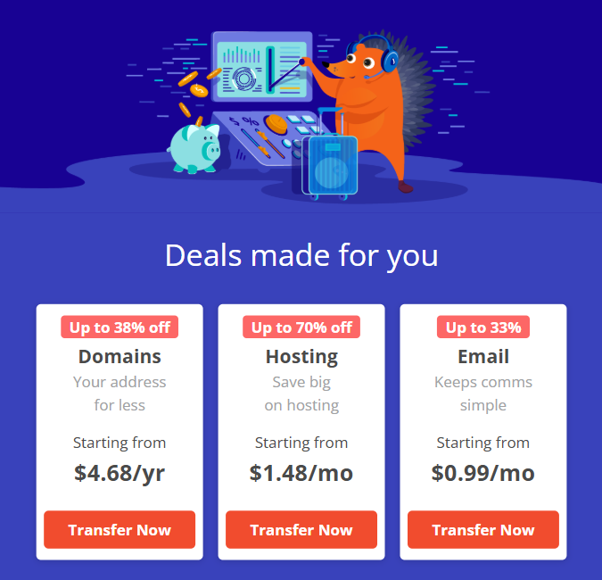 Illustration of a cartoon hedgehog with headphones at a computer desk, surrounded by a piggy bank, coins, and a suitcase, promoting deals on domains, hosting, and email services.