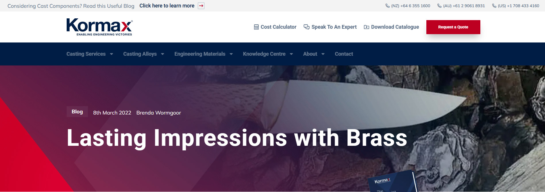 A webpage from KormaX featuring a blog post titled 'Lasting Impressions with Brass' with a background image of a white object, possibly a piece of brass art, placed on rocky terrain.