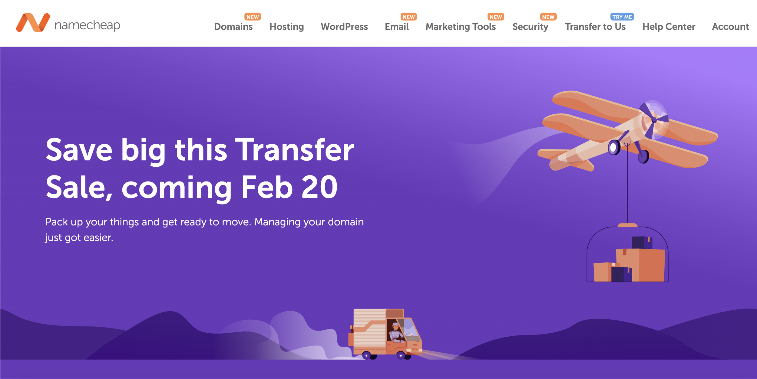 A digital graphic illustration promoting a domain transfer sale. It features a cartoon-style small airplane towing a cargo box, and a moving truck with a person inside. The background is purple with rolling hills, and the illustration emphasizes movement and transport.