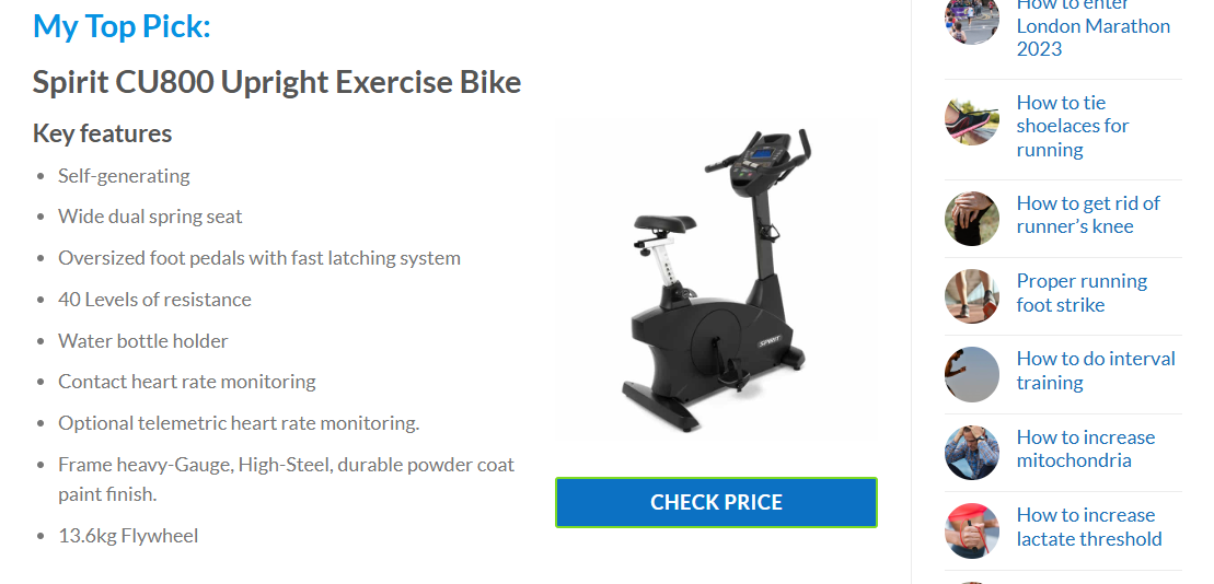 Image of a stationary exercise bike, labeled as Spirit CU800 Upright Exercise Bike, with key features listed, including self-generating power, wide dual spring seat, oversized foot pedals, multiple resistance levels, water bottle holder, heart rate monitoring, and durable powder coat finish.