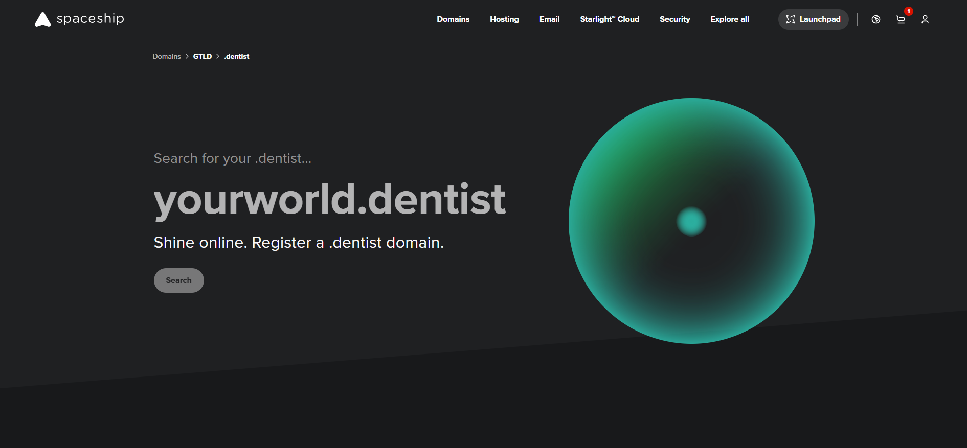 Screenshot of a website homepage for registering .dentist domain names, with a dark background, a bright teal gradient sphere on the right, and white text on the left.