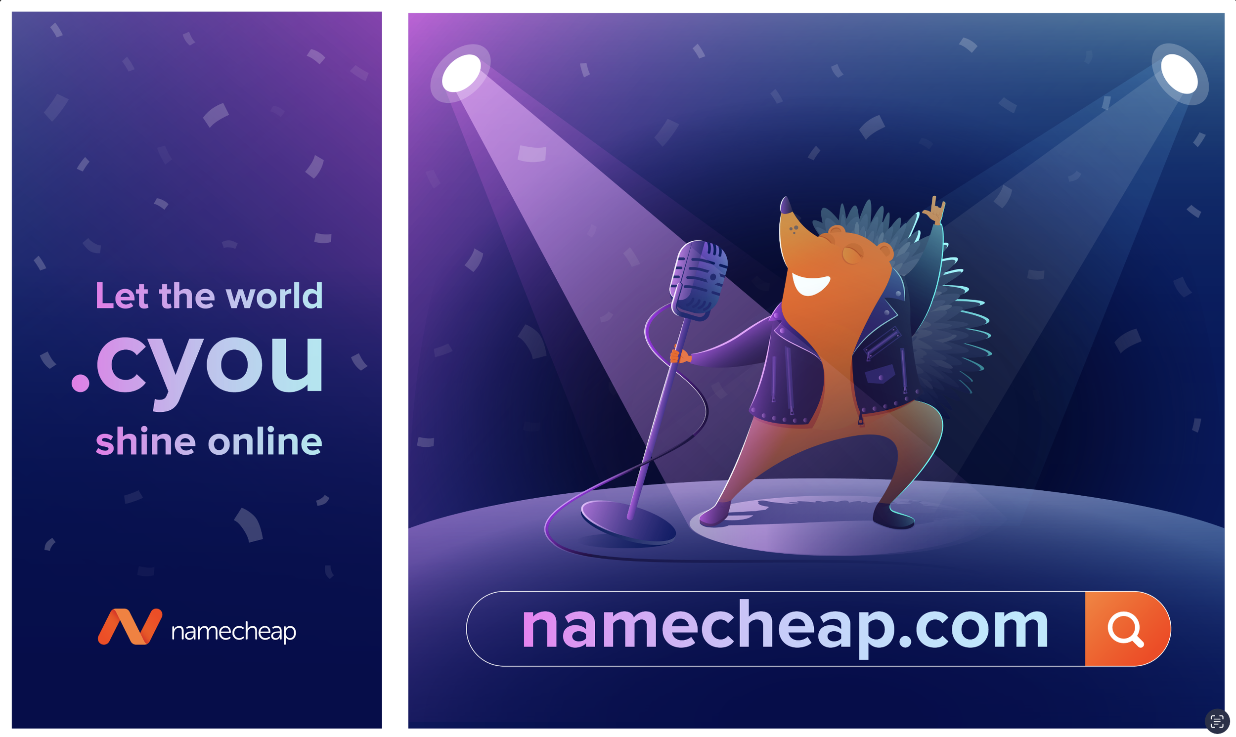 A cartoon hedgehog wearing a leather jacket, singing into a microphone on stage with spotlights and confetti, promoting the website namecheap.com and the slogan 'Let the world shine online'.