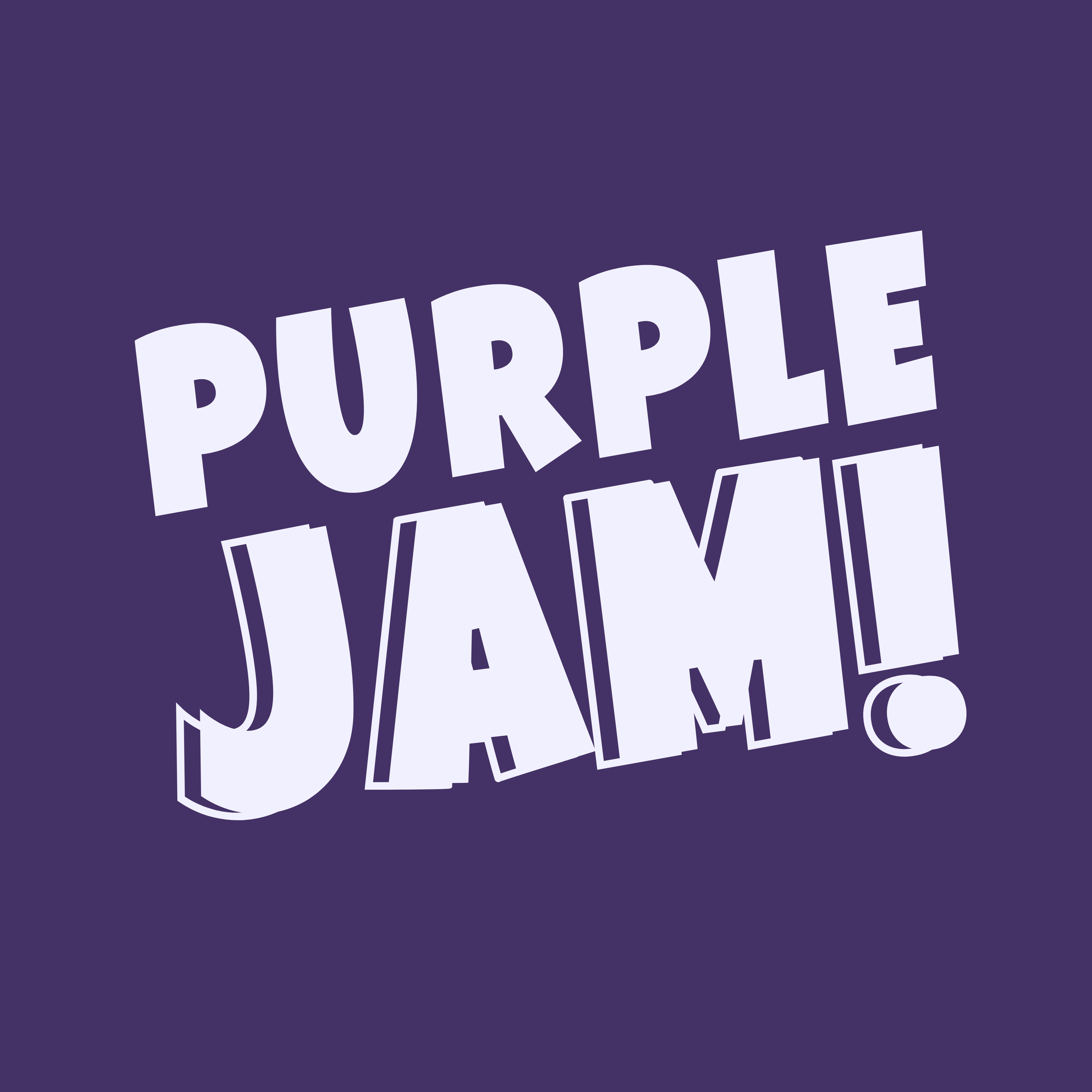 Text that reads 'Purple Jam!' on a purple background, with the words stylized in a bold, playful font.