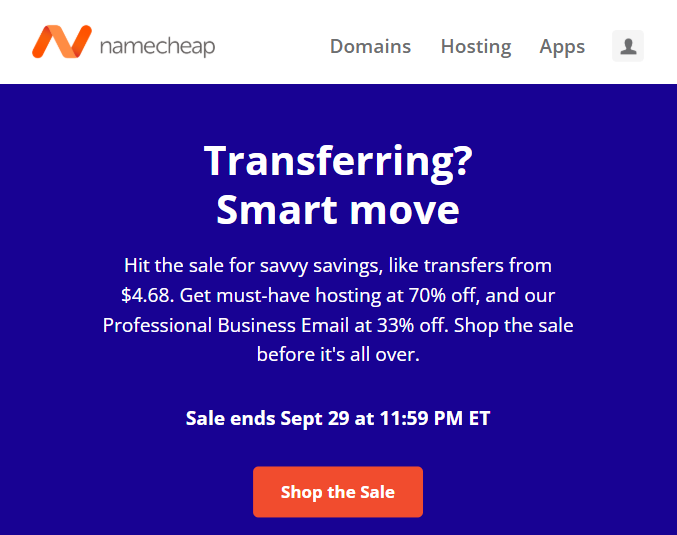 Namecheap website promotional page with a blue background, white bold text for sale, and a red 'Shop the Sale' button.