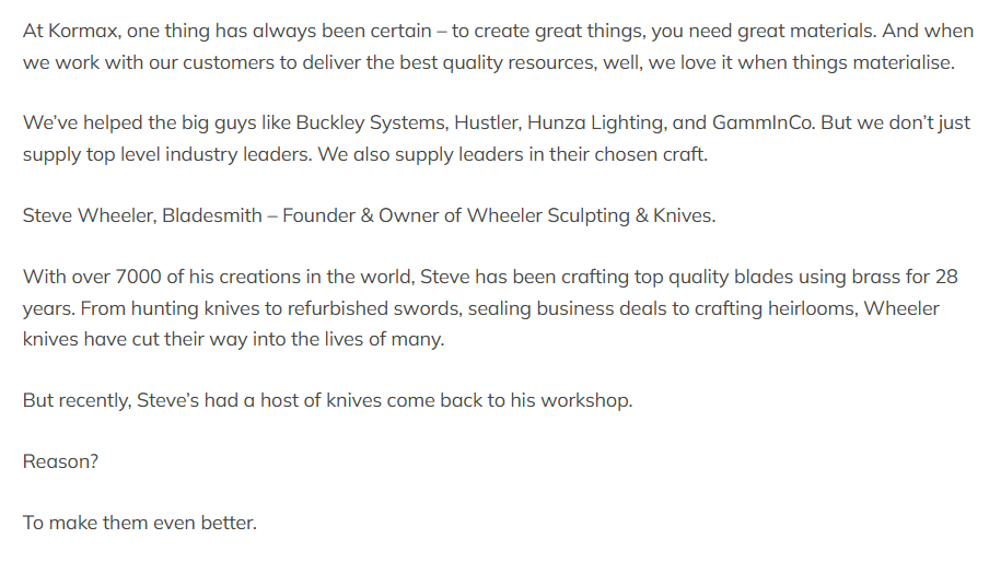 Text describing the importance of material quality and craftsmanship, highlighting Steve Wheeler's knife-making skills and his workshop's return of customer knives to improve their quality.