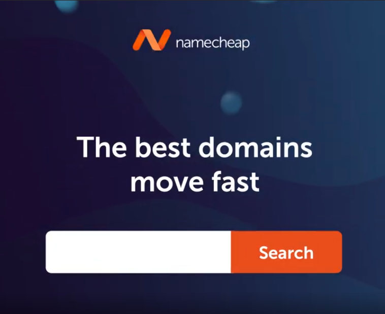 A digital advertisement for Namecheap showing their logo at the top, with the tagline "The best domains move fast" and a search bar with a "Search" button.