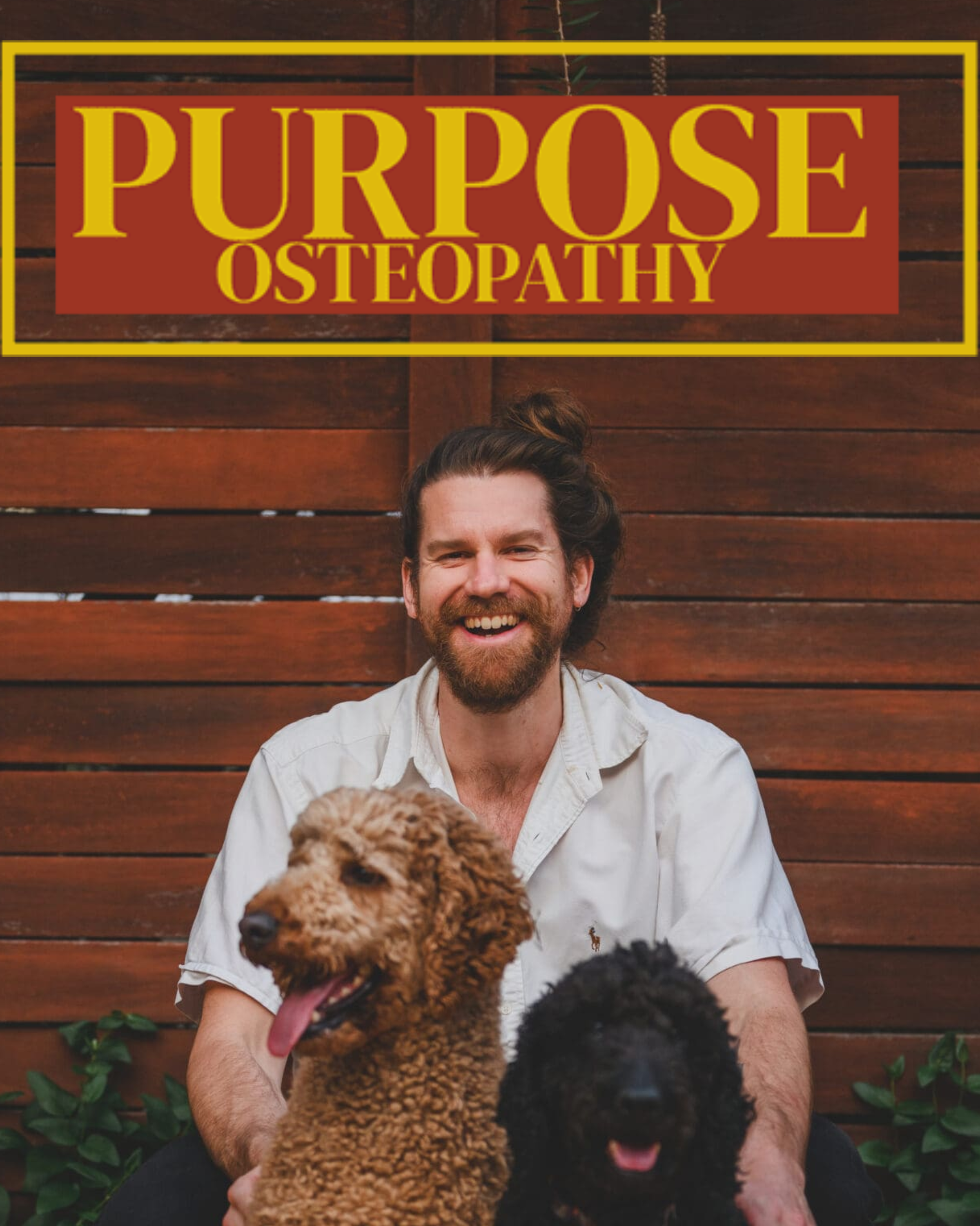 A man with a beard and a bun hairstyle sitting in front of a wooden fence, smiling, with two dogs, one brown and curly, the other black and curly, both with tongues out. He is an Osteopath