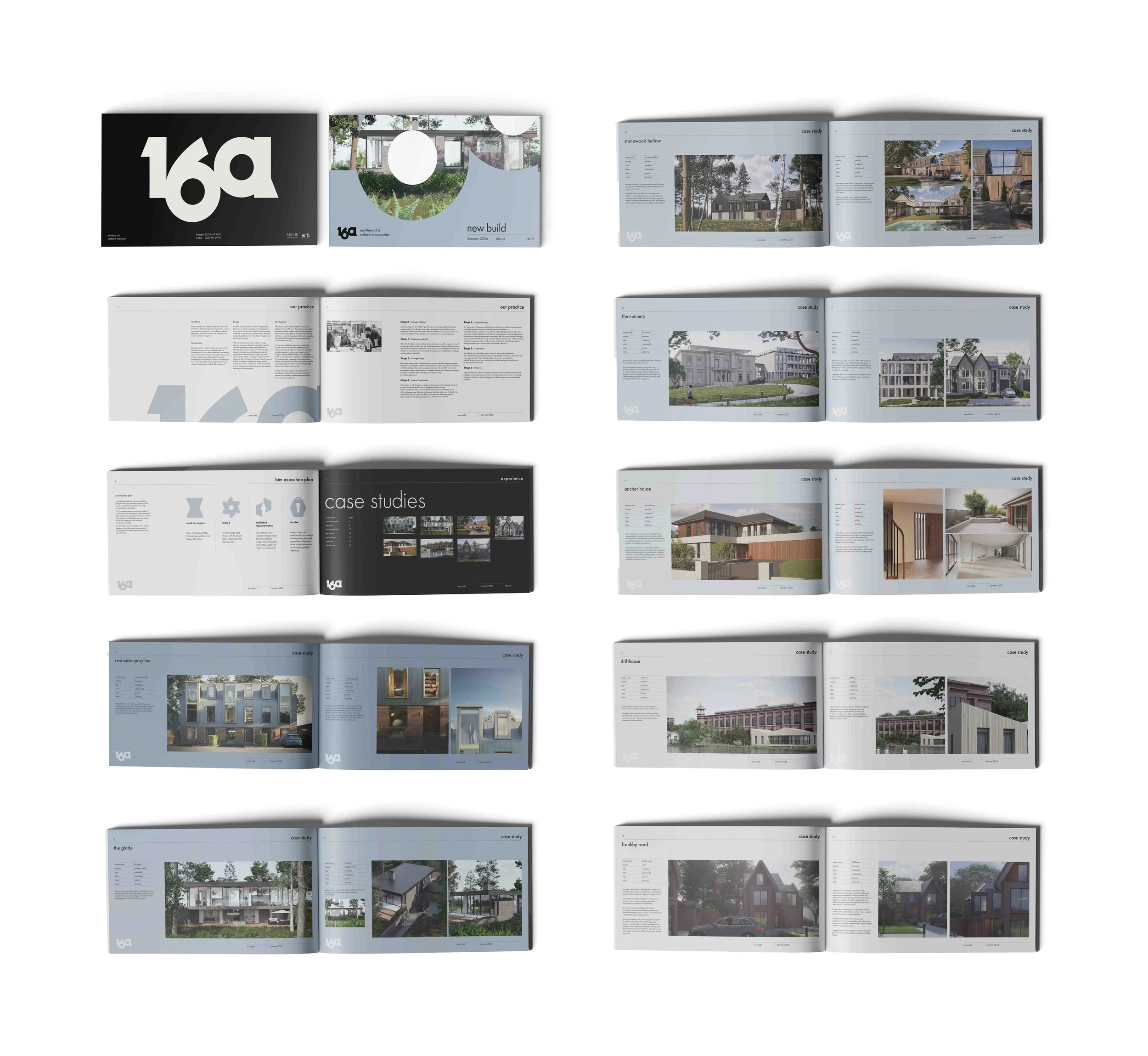 Open architectural design brochure featuring case studies of modern residential buildings, including exterior and interior images, floor plans, and design details.