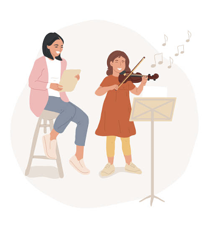 A woman and a girl practicing music together, with the girl playing the violin and the woman holding a sheet of paper.