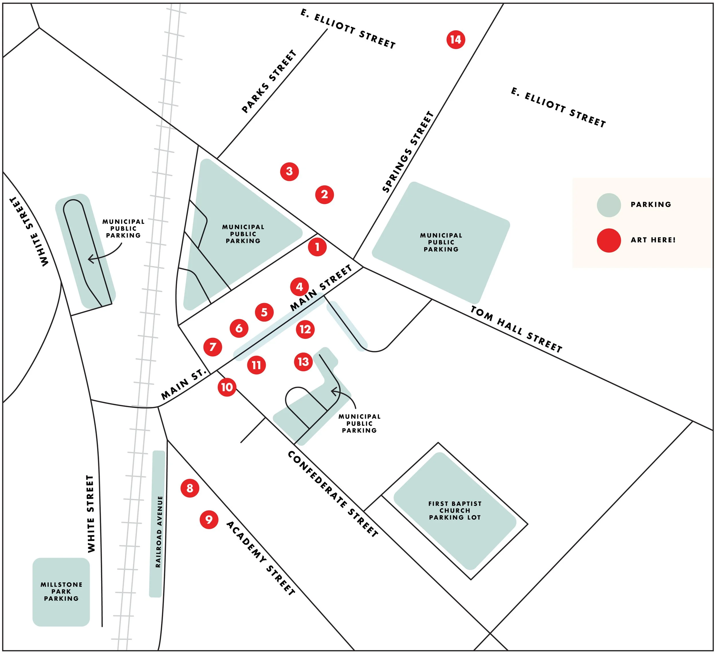 Map showing participating artists and local businesses for the Third Thursday Art Crawl event, with marked locations throughout the downtown area for visitors to explore art, live demonstrations, music, and community activities.