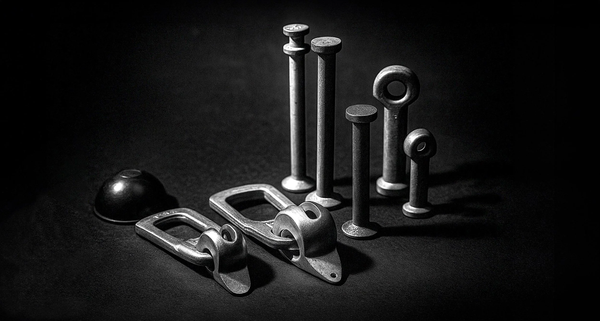 Diverse metalen bouwonderdelen en spanners op zwarte achtergrond, monochroom decor.