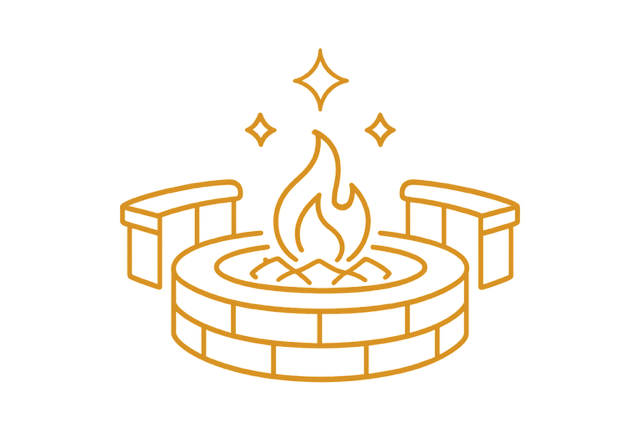 Yellow outline illustration of a fire pit with a flame in the center and sparkles above.