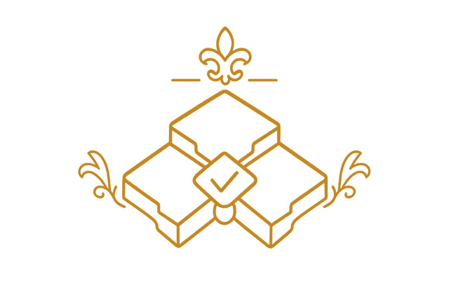A decorative gold-colored emblem featuring a stylized fleur-de-lis at the top, three interconnected squares with a checkmark in the center, and ornate scrollwork on the sides.
