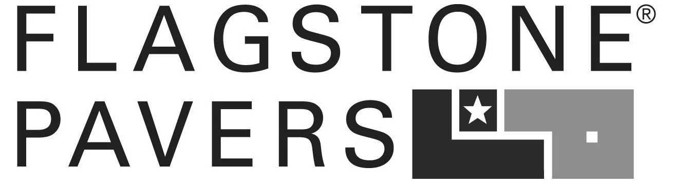 Graphic with text 'Flagstone Pavers' in black, including a star symbol and geometric shapes in black, white, and gray.
