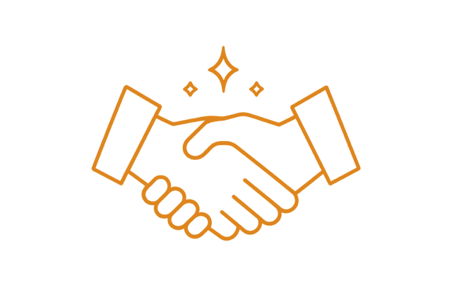 Outline of two hands shaking with sparkles above, symbolizing agreement or partnership.