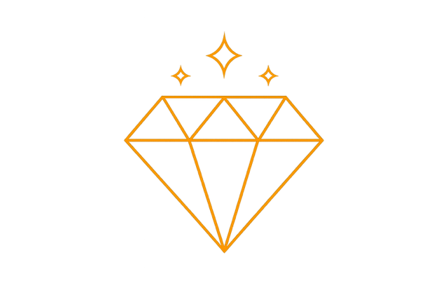 A glowing gold outline of a diamond with three sparkles above it on a black background.