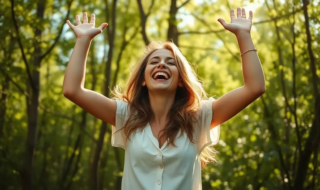 A woman with long brown hair smiling and raising her hands in a forest with green trees and sunlight