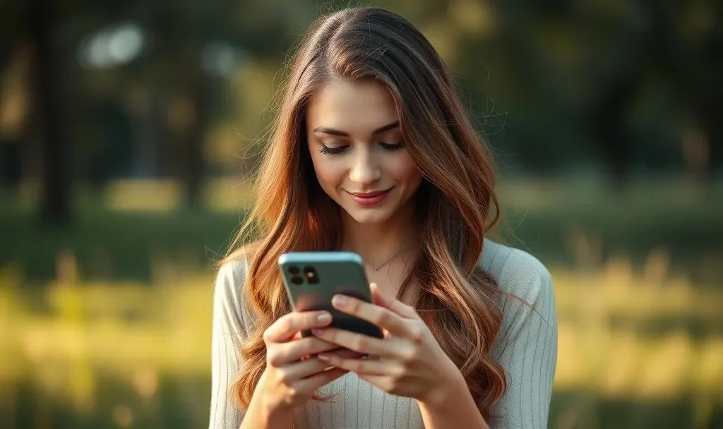A young woman with long wavy brown hair looking at her smartphone outdoors during the daytime.