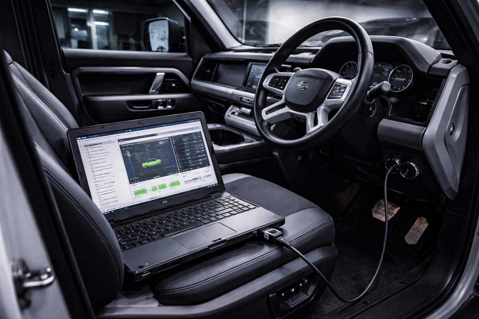 Inside a vehicle, a laptop connected to the dashboard with software open on survival and vehicle diagnostics, parked in an indoor setting.